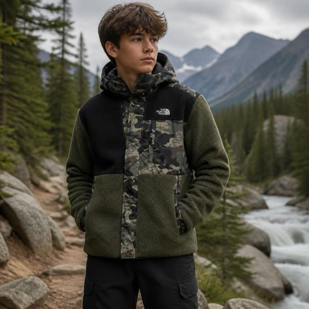 North Face Sherpa Jacket Teen Boy XL 14/16 Camo SnapButton Outdoor Fleece Hoodie